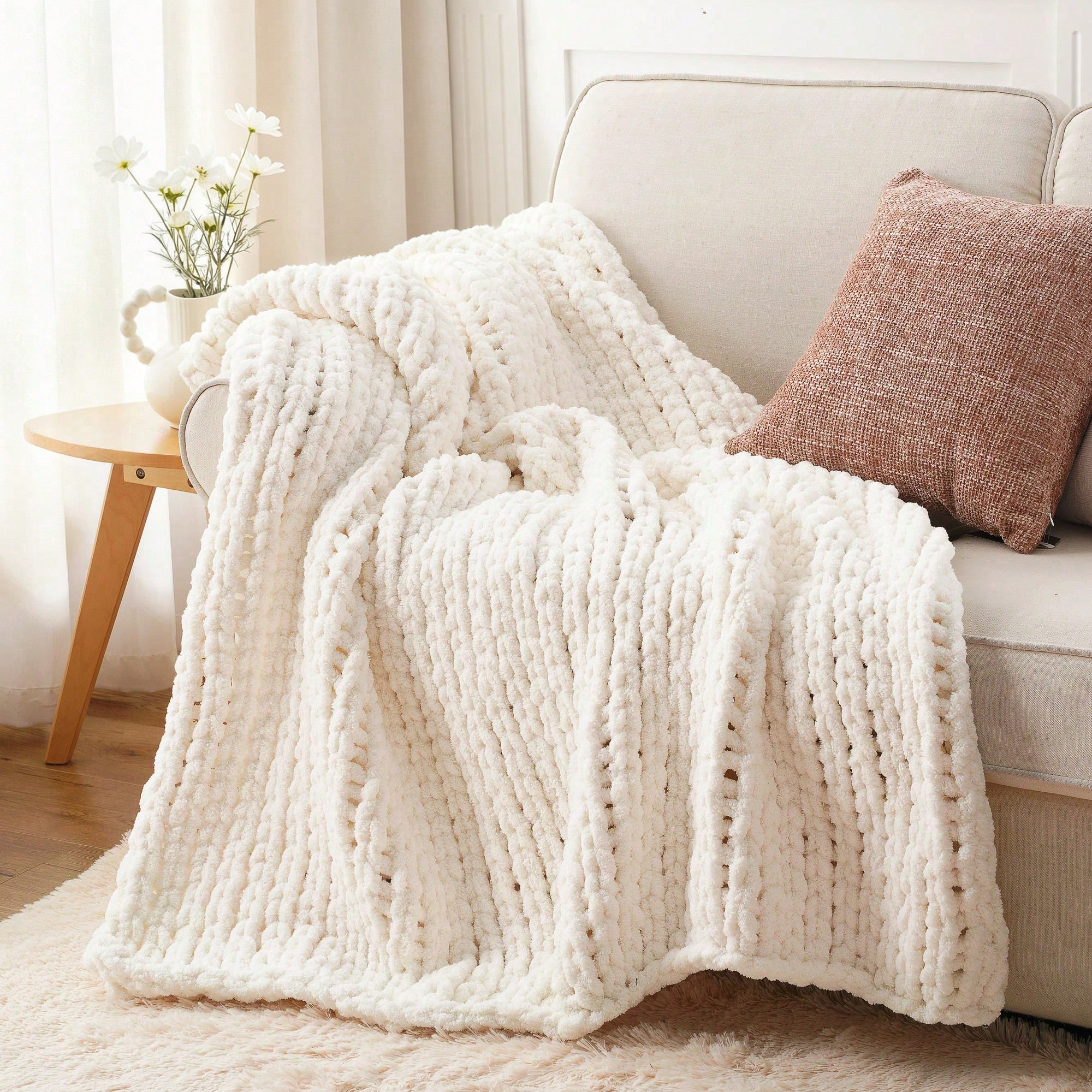 Throw Blanket Chunky Knit - Cream Chunky Knit Throw Blanket For