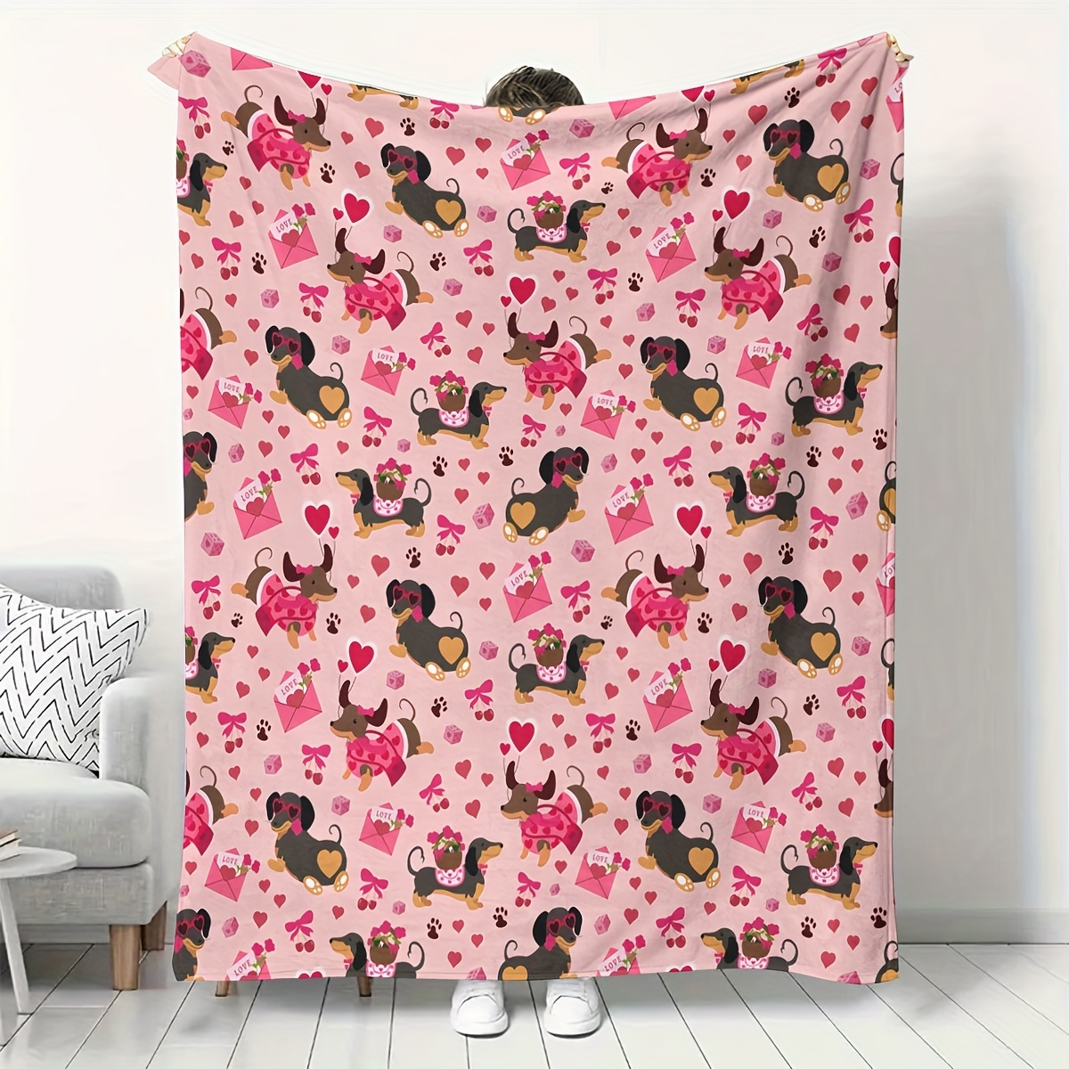 Dachshund & Hearts Pattern Chu - Throw Blanket Chunky Knit avaliação e preço