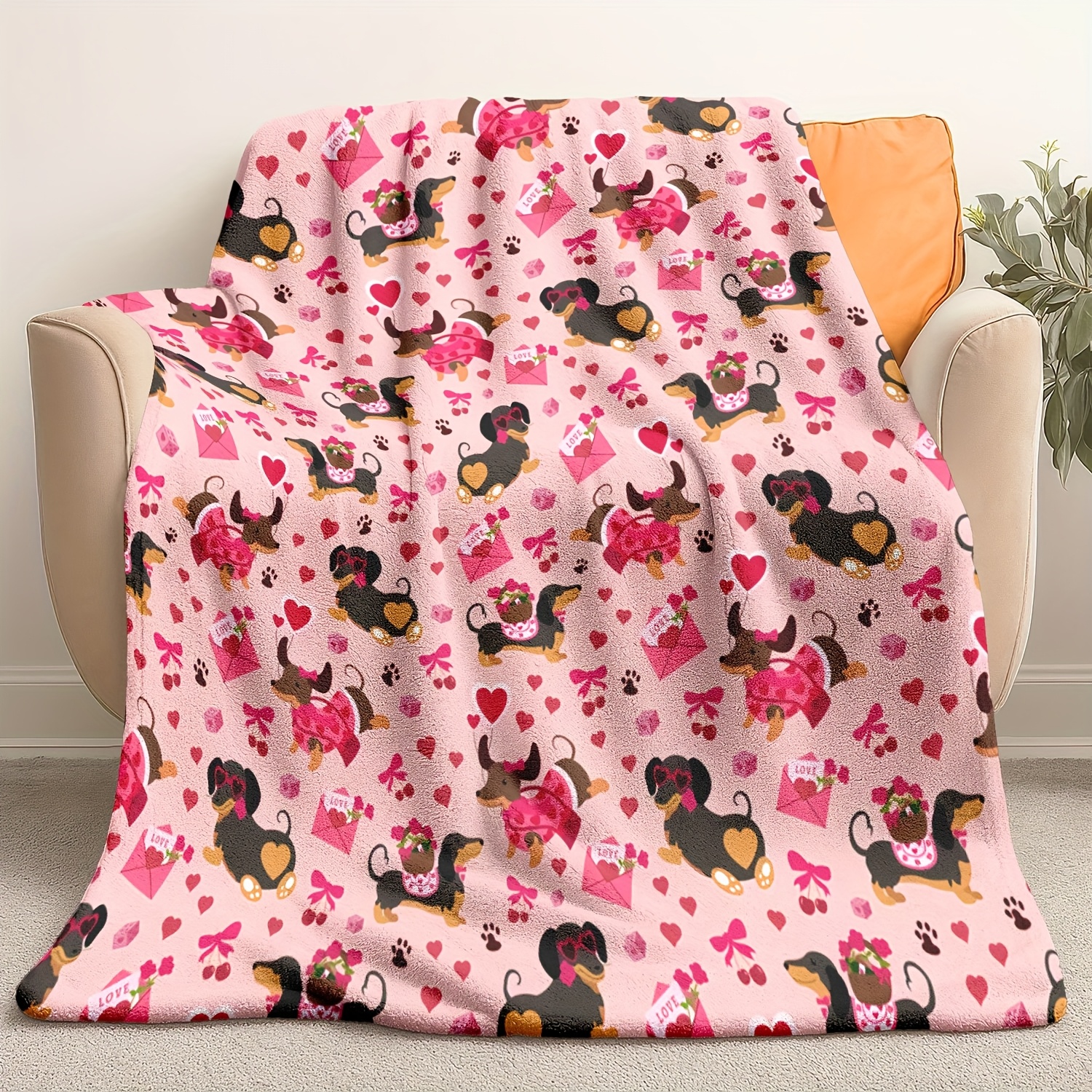 Dachshund & Hearts Pattern Chu - Throw Blanket Chunky Knit avaliação e preço