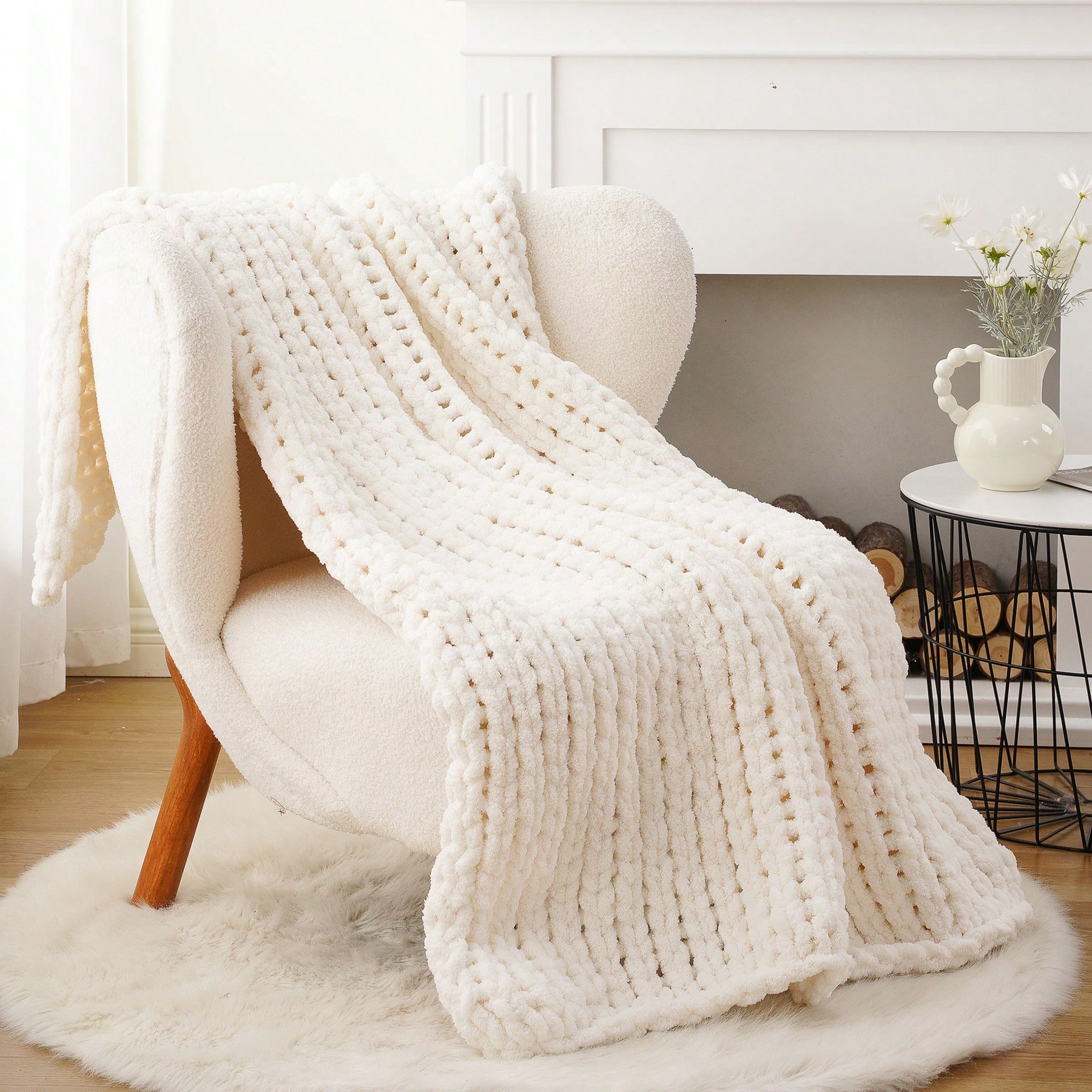 Cream Chunky Knit Throw Blanke - Throw Blanket Chunky Knit avaliação e preço