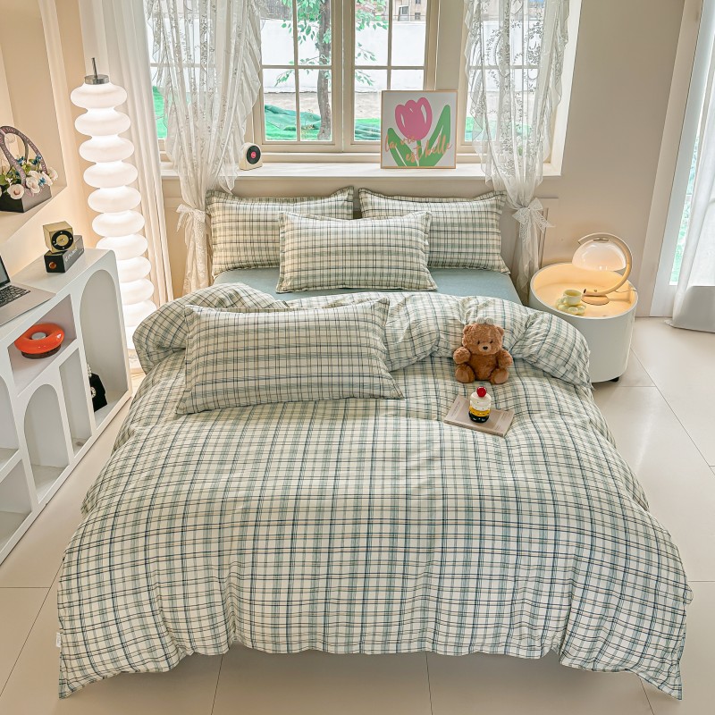 4PCS Green Plaid Bedding Set,  - Linen Duvet Cover avaliação e preço