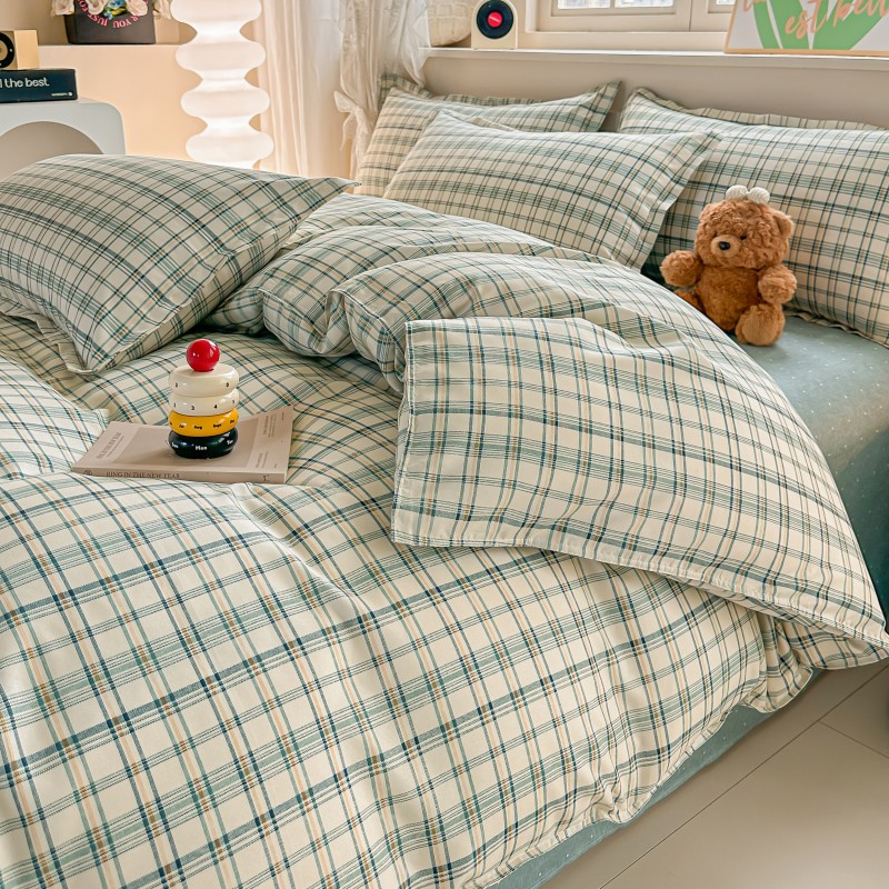 4PCS Green Plaid Bedding Set,  - Linen Duvet Cover avaliação e preço