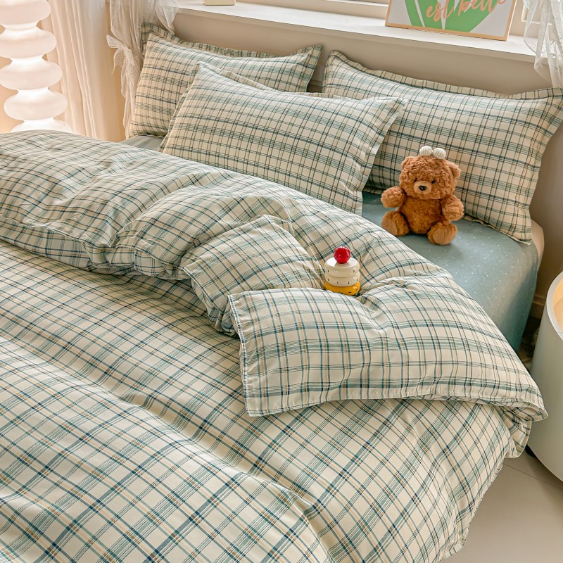 4PCS Green Plaid Bedding Set,  - Linen Duvet Cover avaliação e preço